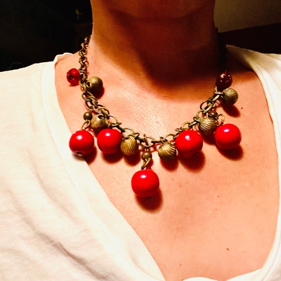 Vintage brass/bronze/copper bead, wood, necklace. Beautiful. - Picture 1 of 9